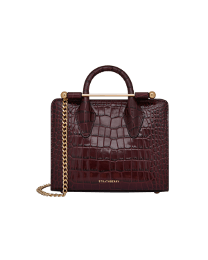 Strathberry burgundy croc nano tote with top handles and gold chain