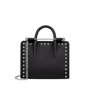 Black studded leather nano tote with top handle and silver chain strap.
