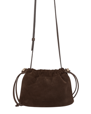 Chocolate suede drawstring cross-body bag with long adjustable strap and gathered top