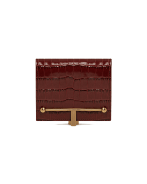 Melville Street wallet in croc-effect brown leather with gold bar closure.