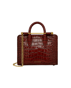 Strathberry croc nano tote with top handles and gold chain strap.