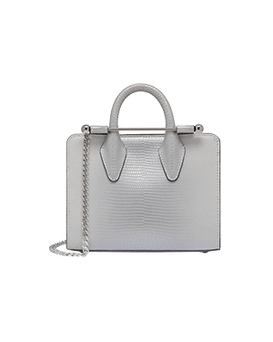 Nano tote in lizard-embossed leather, light grey, top handles and chain strap.
