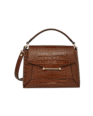 Mosaic bag in soft croc brown with top handle and bar closure.