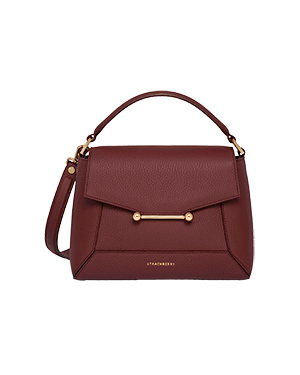 Strathberry oxblood mosaic bag with top handle and gold bar closure