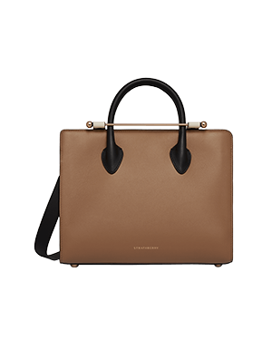 Strathberry midi tote in clay with black handles and white strap