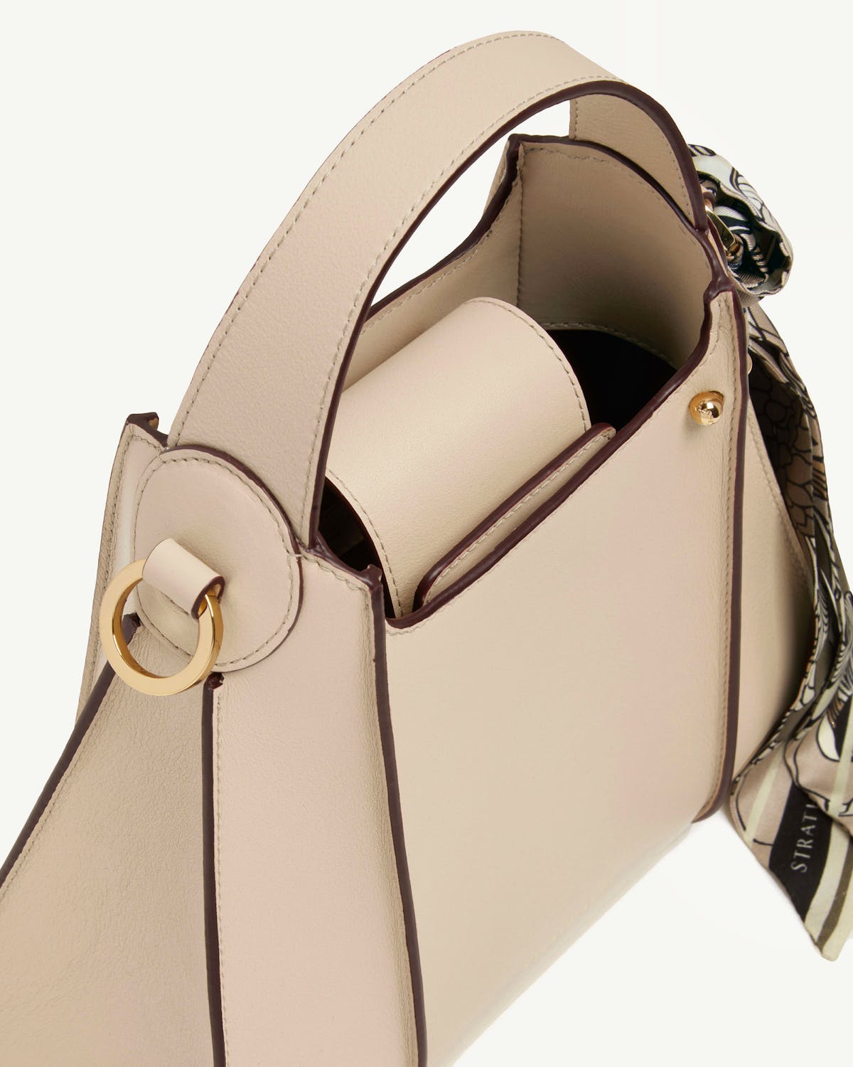 Strathberry Arkshell oat leather top-handle bag with printed scarf