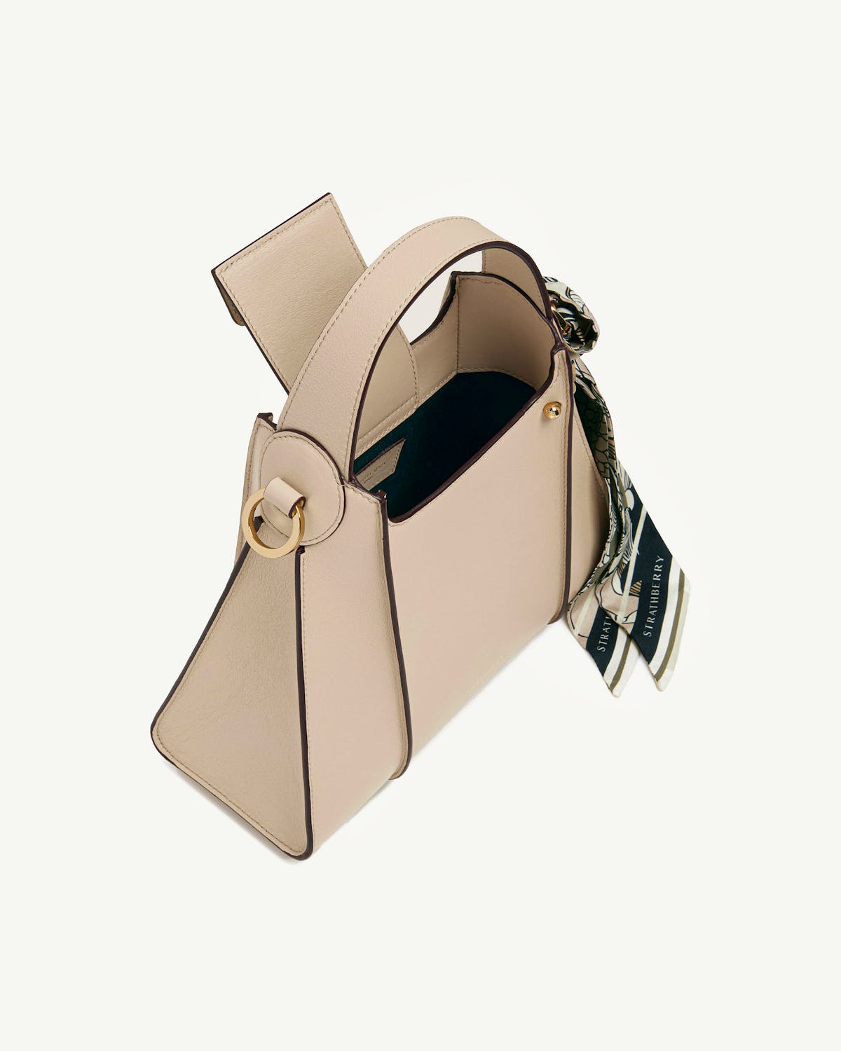 Strathberry Arkshell oat leather top-handle bag with printed scarf