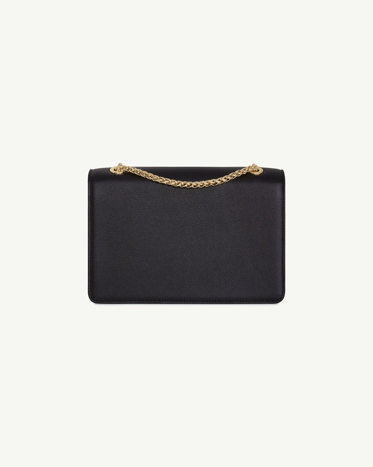 Black east-west leather bag with gold chain top handle.