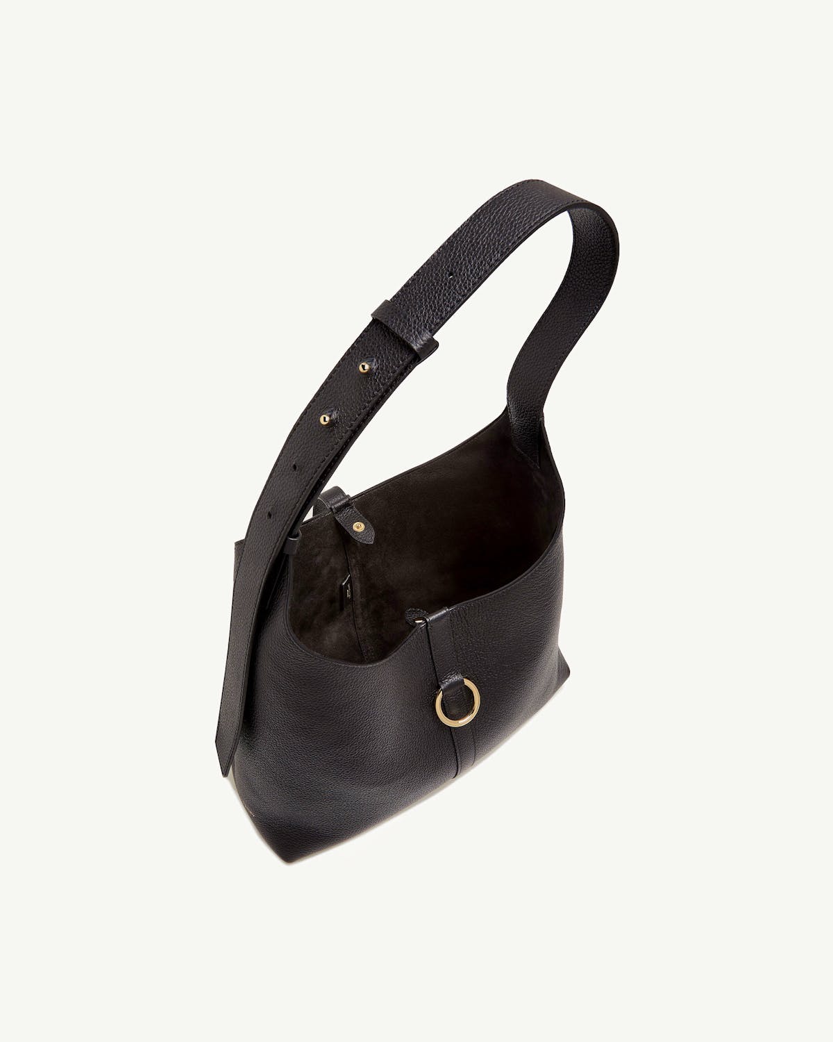 Black leather hobo bag with wide adjustable shoulder strap and gold ring detail
