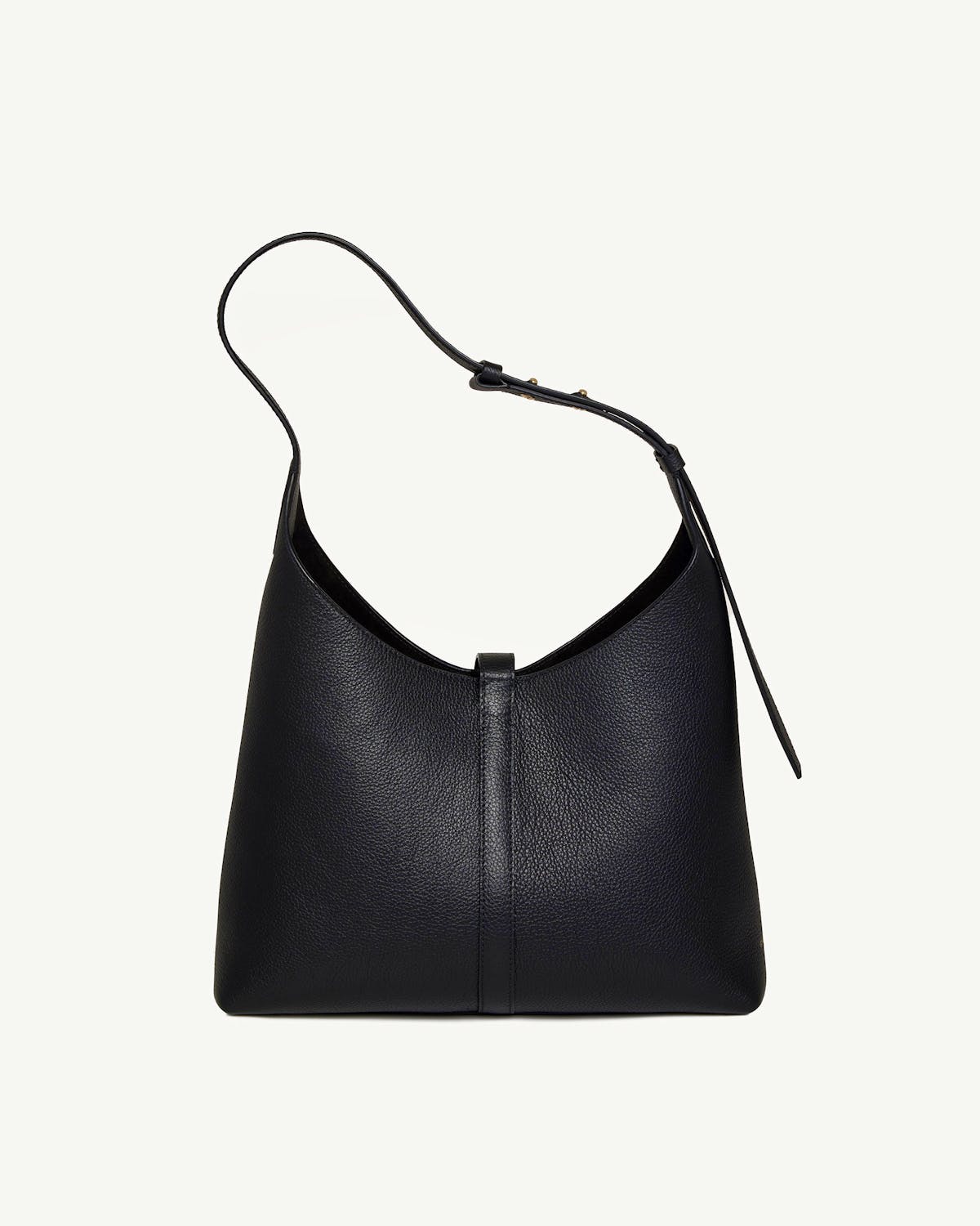 Black Kite hobo bag in pebbled leather with adjustable single shoulder strap.