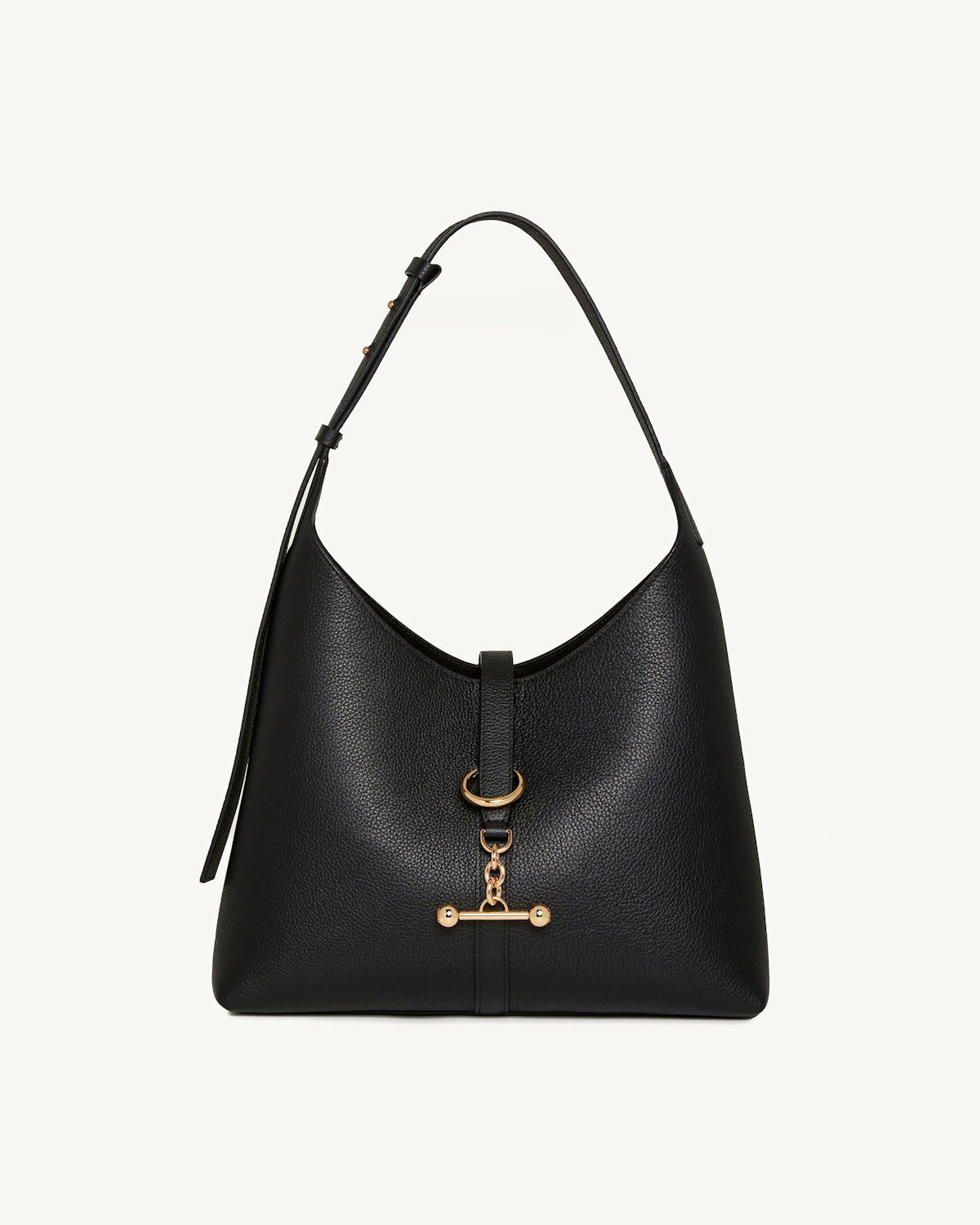 Black pebbled leather hobo bag with adjustable shoulder strap and gold hardware.