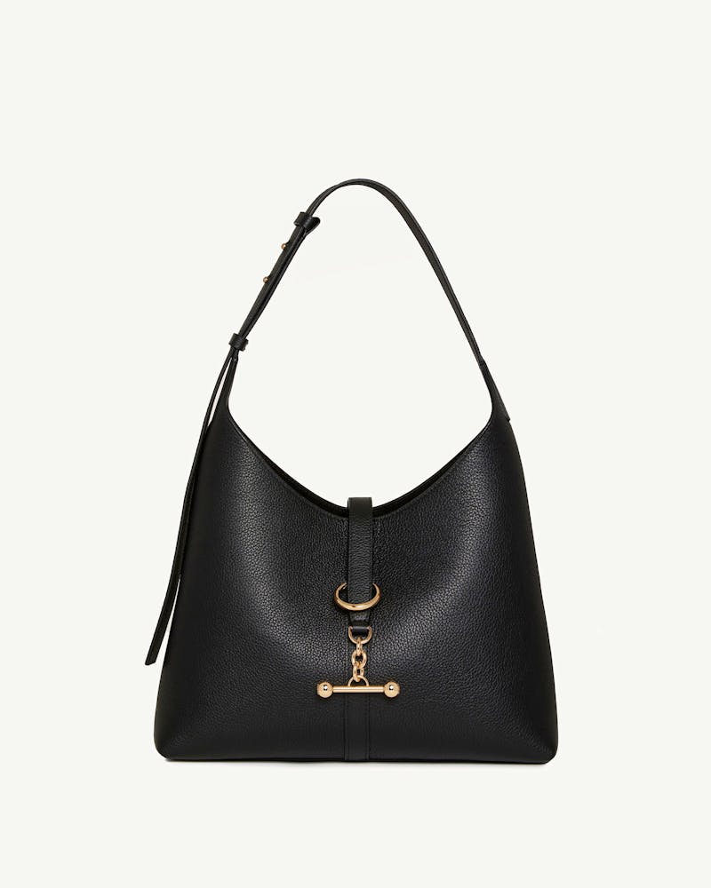 Black kite hobo bag in pebbled leather with single shoulder strap and gold hardware.