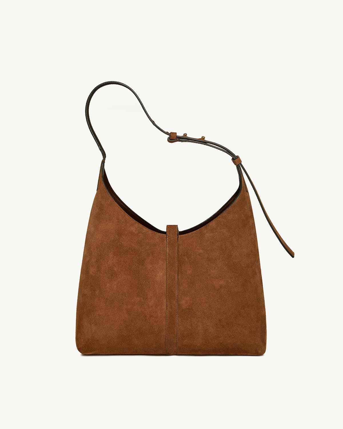 Tan suede kite hobo bag with single shoulder strap and central seam.