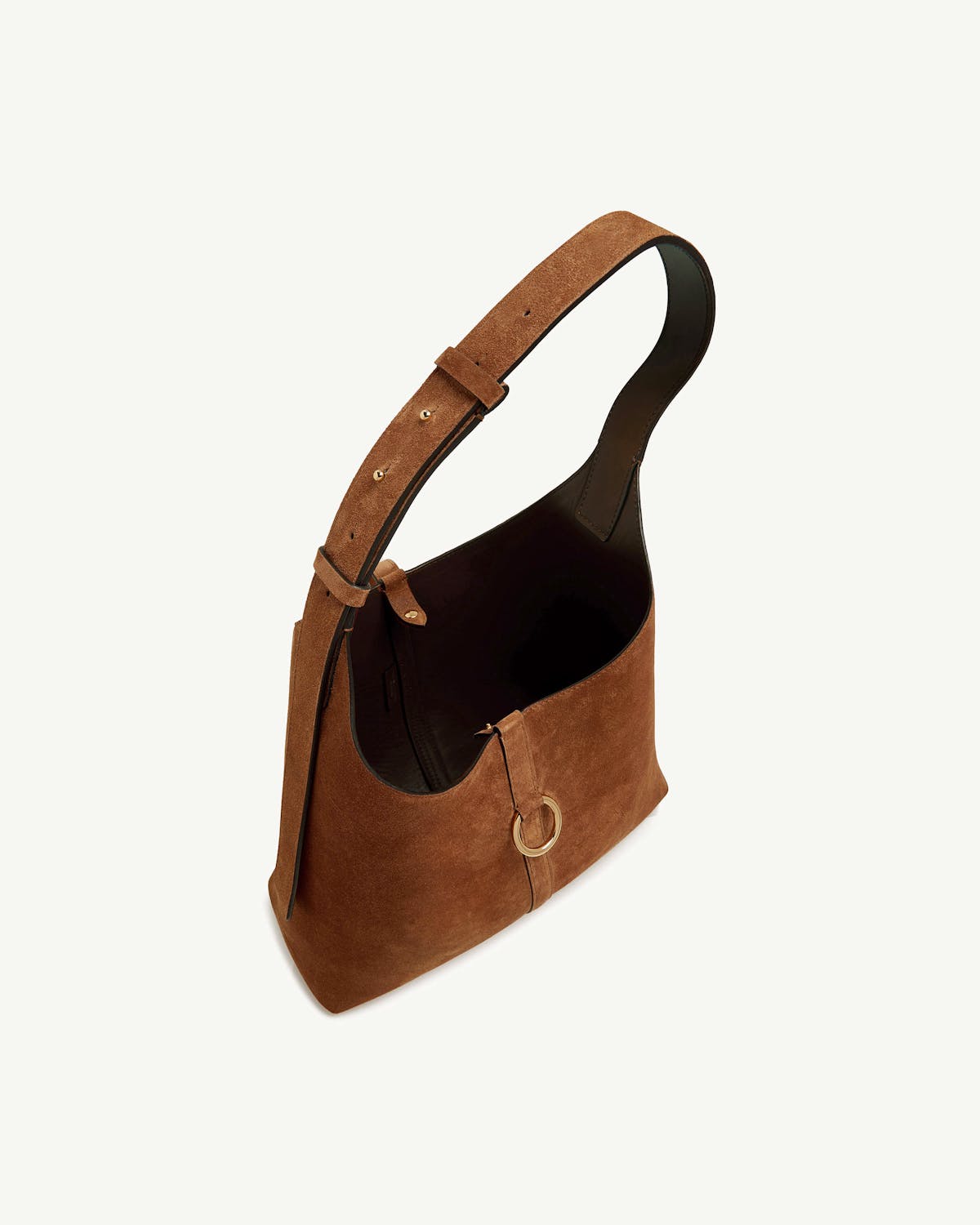 Tan suede kite hobo bag with single shoulder strap and gold ring detail.