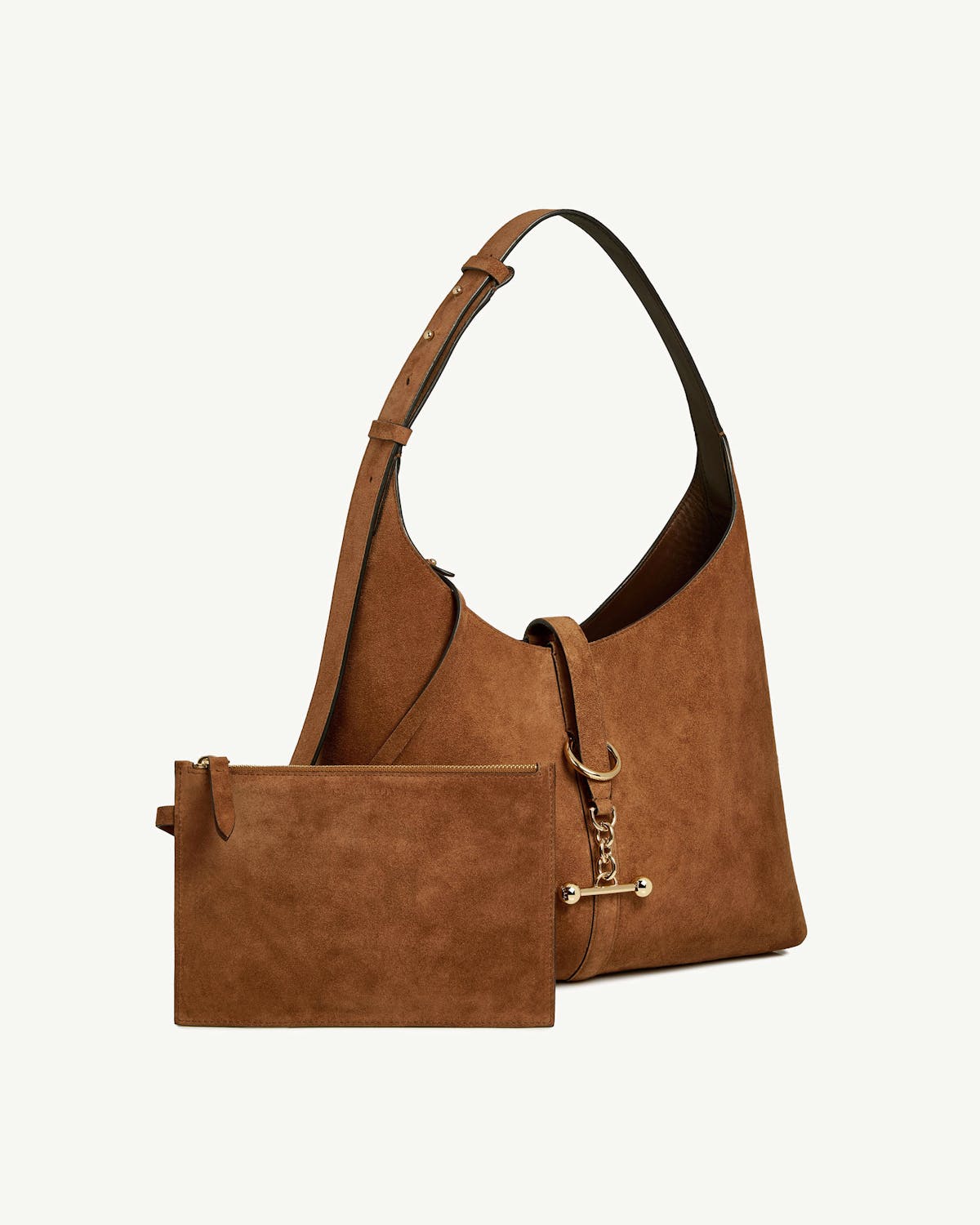 Tan suede Kite Hobo bag with matching suede pouch and gold hardware.
