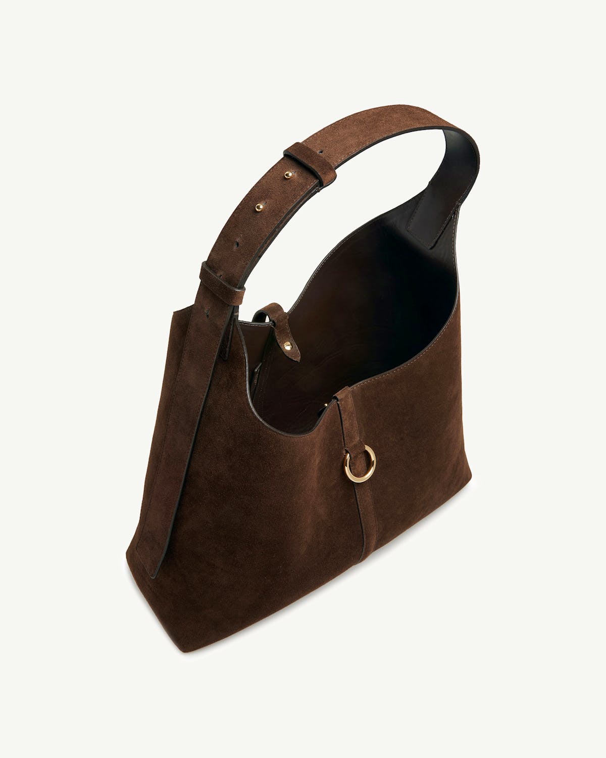 Chocolate suede hobo bag with wide adjustable strap and gold ring detail.