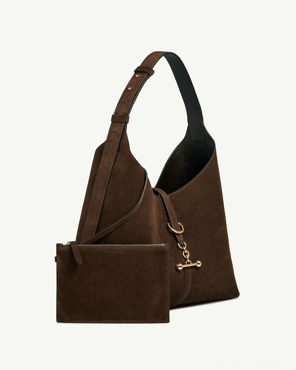 Chocolate suede hobo bag with adjustable strap, detachable pouch and gold hardware
