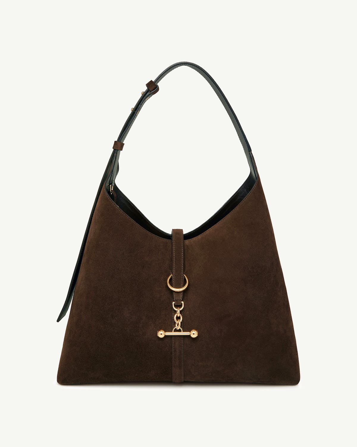 Chocolate suede hobo bag with single shoulder strap and gold hardware