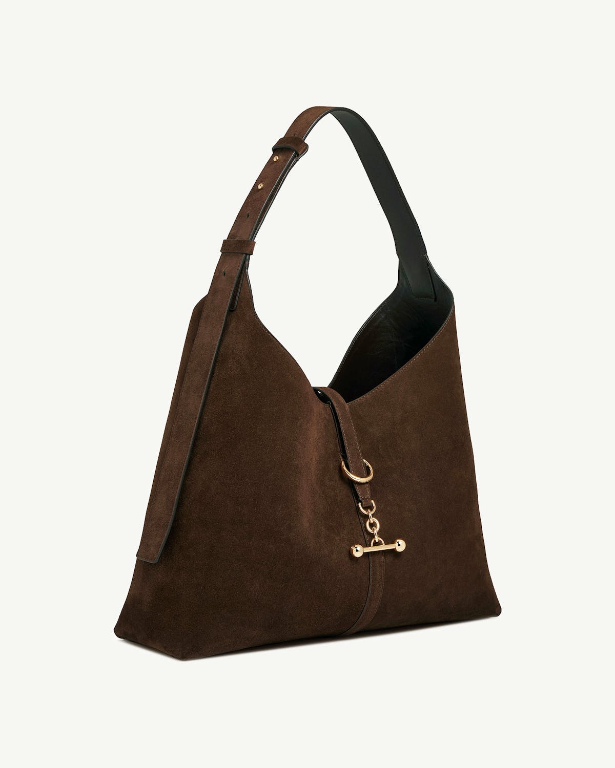 Chocolate suede hobo bag with single shoulder strap and gold hardware.