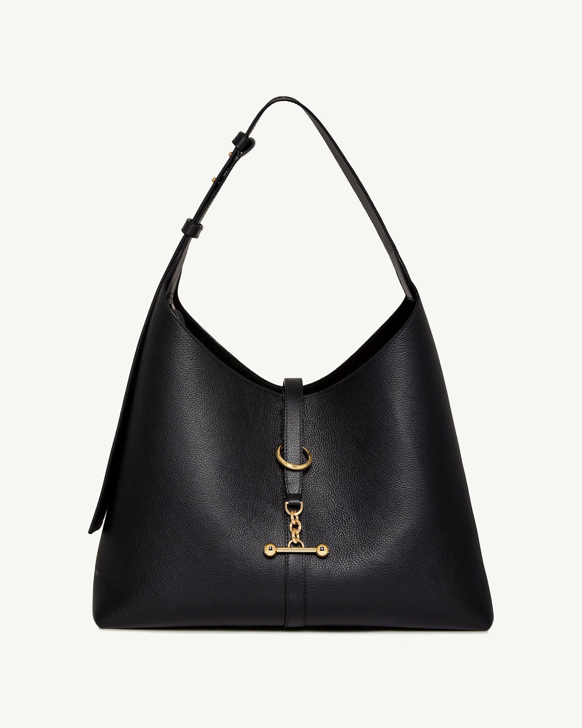 Pebbled black leather hobo bag with single shoulder strap and gold bar detail.