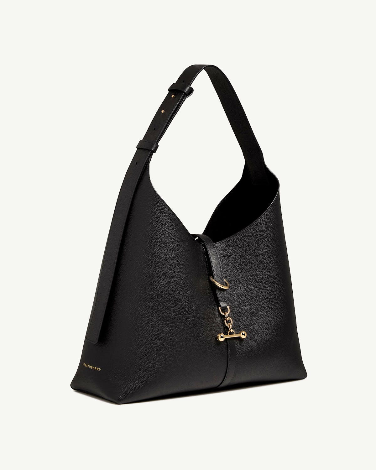 Black kite hobo maxi leather bag with shoulder strap and gold bar closure, Strathberry