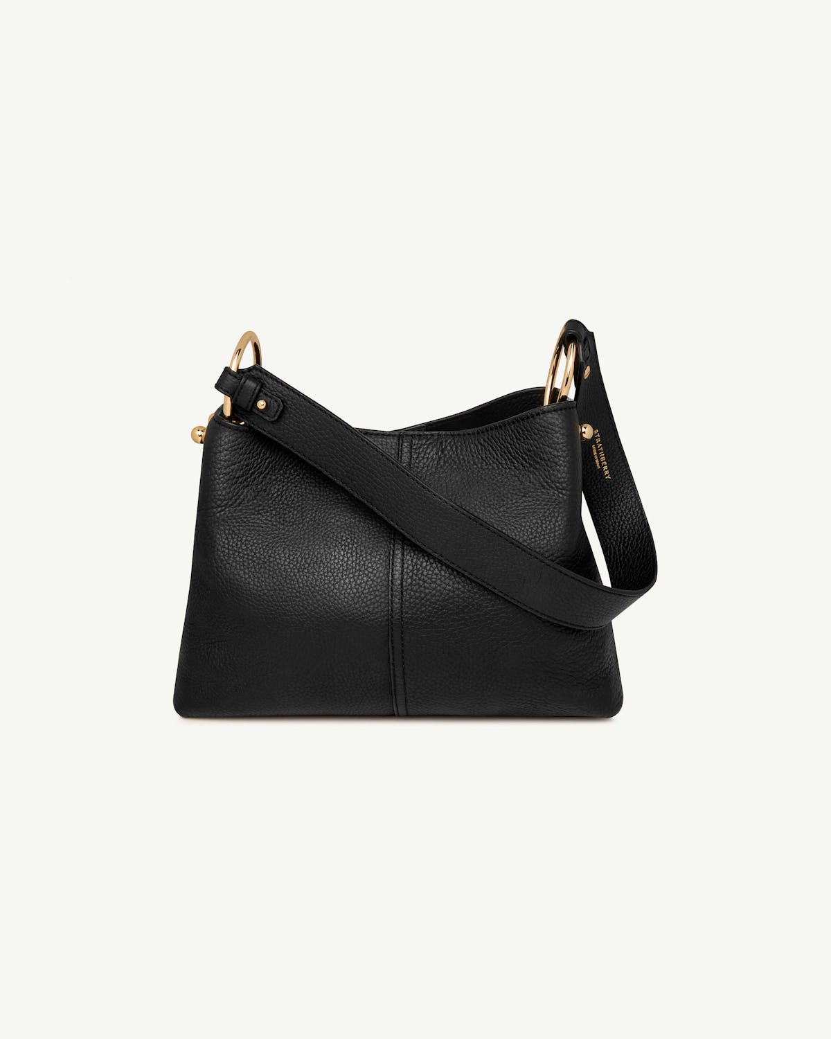 Black Lana hobo bag with gold ring hardware and wide shoulder strap