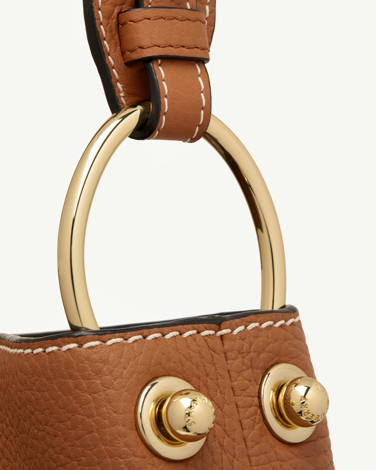 Tan Lana Hobo top handle with gold ring and Strathberry studs.
