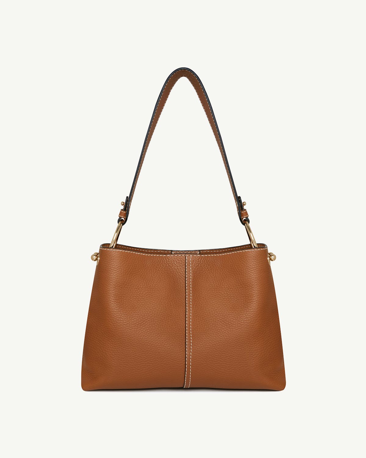 Tan leather hobo bag with single shoulder strap and central seam