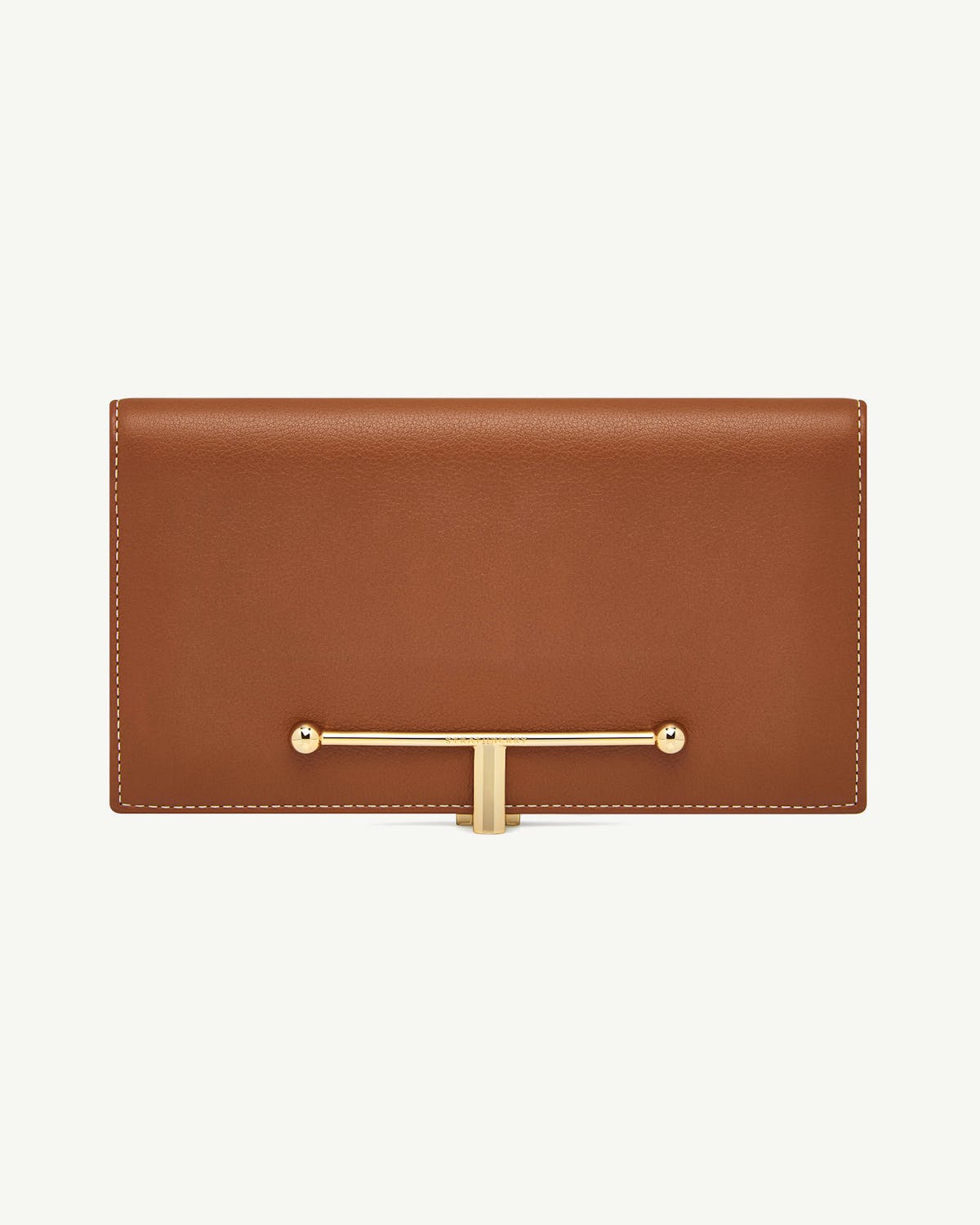 Large Melville Street wallet in chestnut leather with vanilla stitching and gold bar fastening