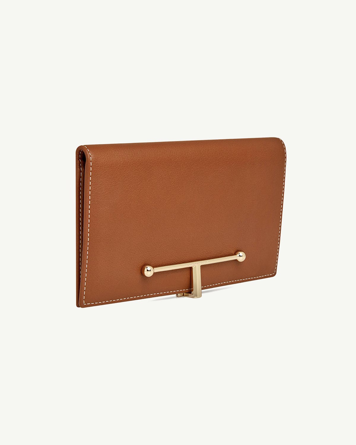 Large Melville Street wallet in chestnut leather with vanilla stitching and gold bar clasp.