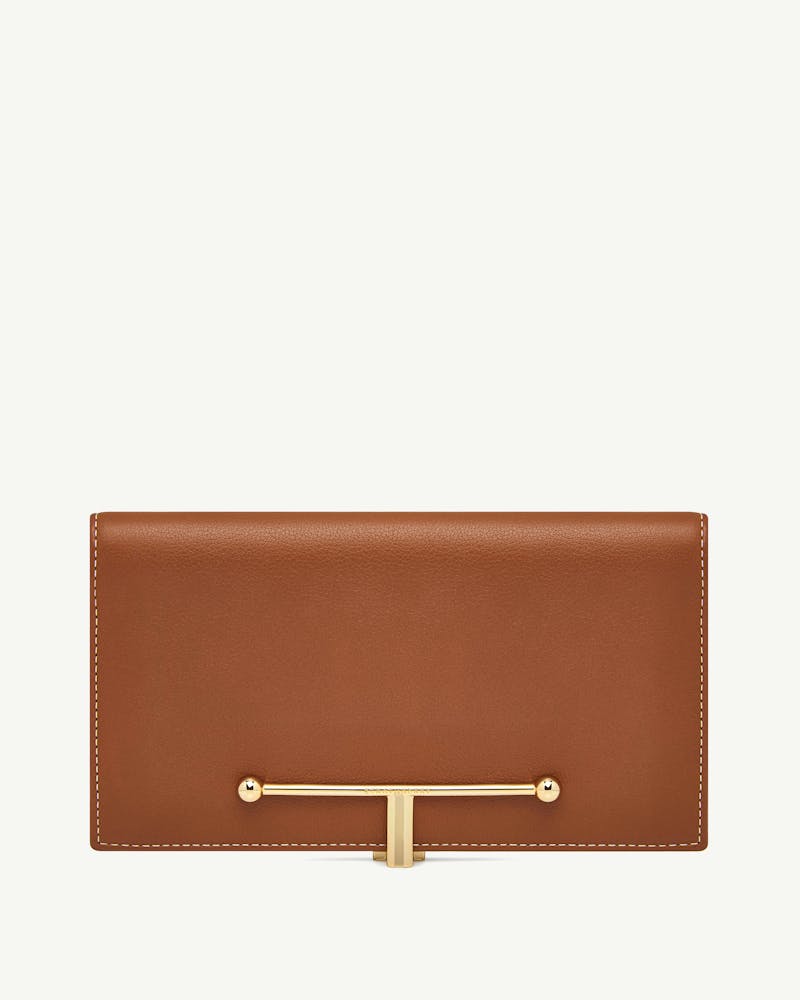 Chestnut leather large Melville Street wallet with vanilla stitching and gold T-bar closure