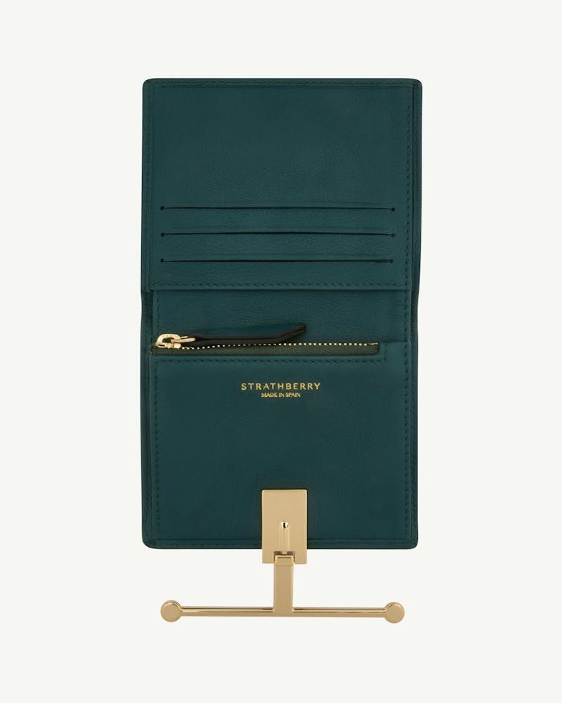 Strathberry bottle green Melville Street wallet open with card slots and zip pocket