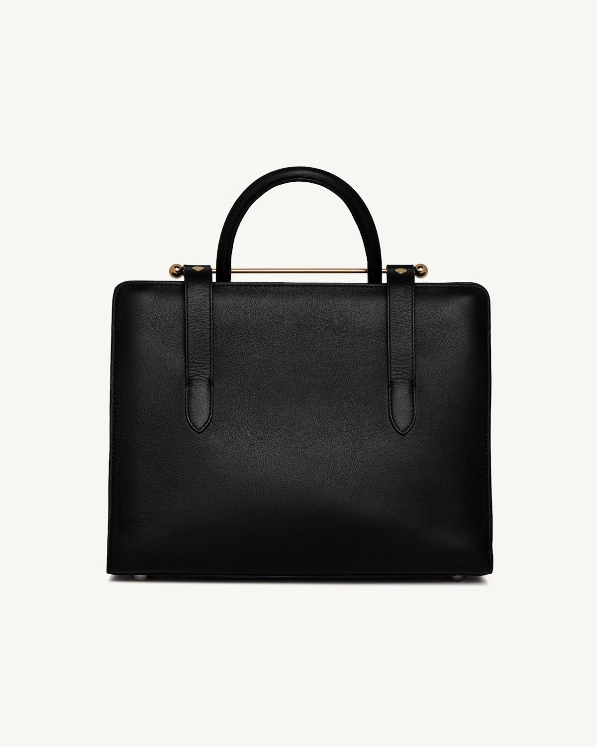 Black midi tote with rounded top handles and gold bar detail