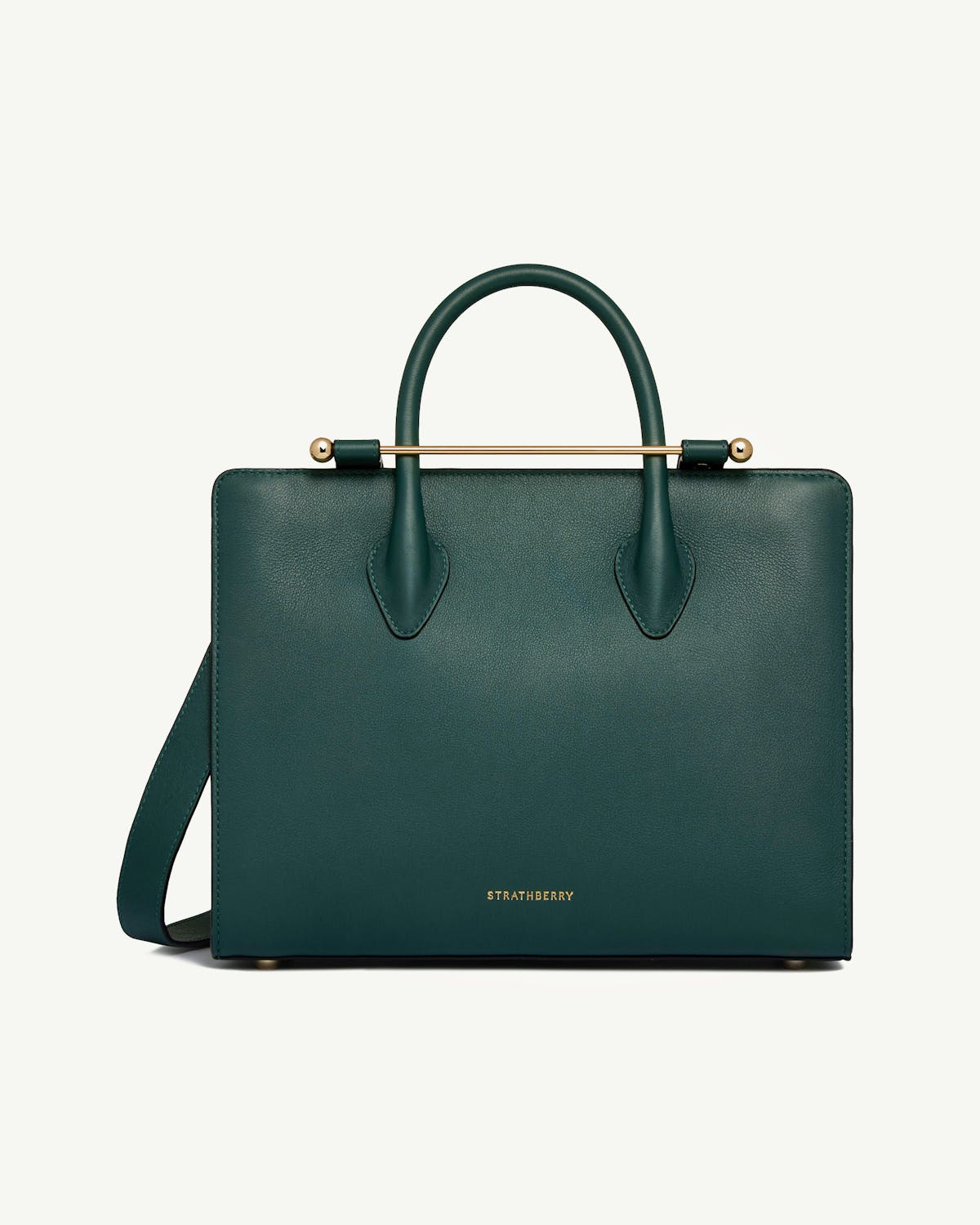 Strathberry midi tote in bottle green, front view with gold bar