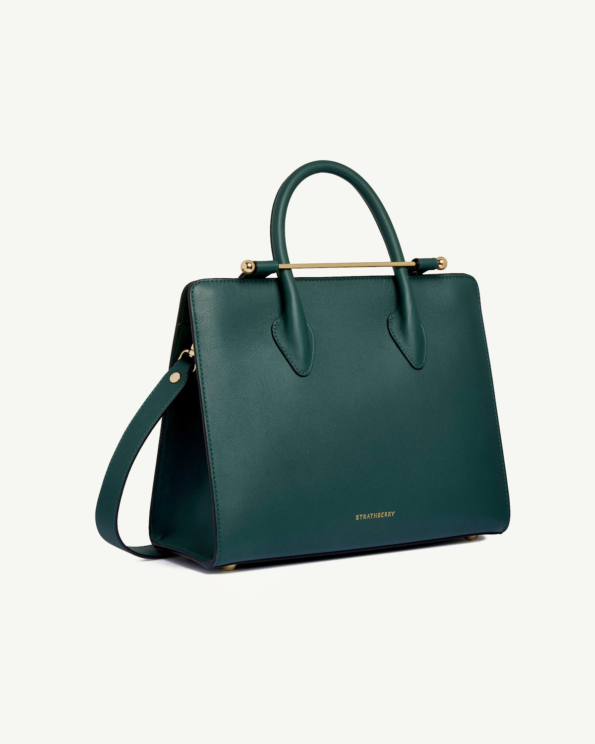 Strathberry bottle green midi tote with top handles and gold bar