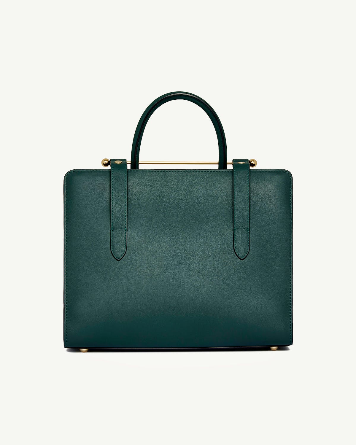 Midi tote in bottle green with top handle and gold bar detail.