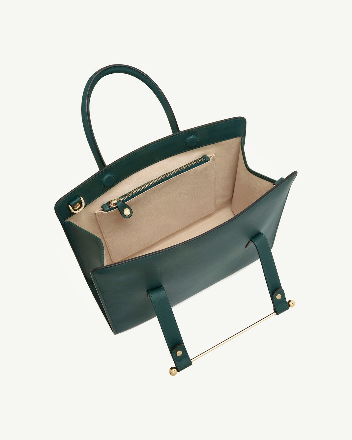Bottle green midi tote open showing beige interior and zip pocket.