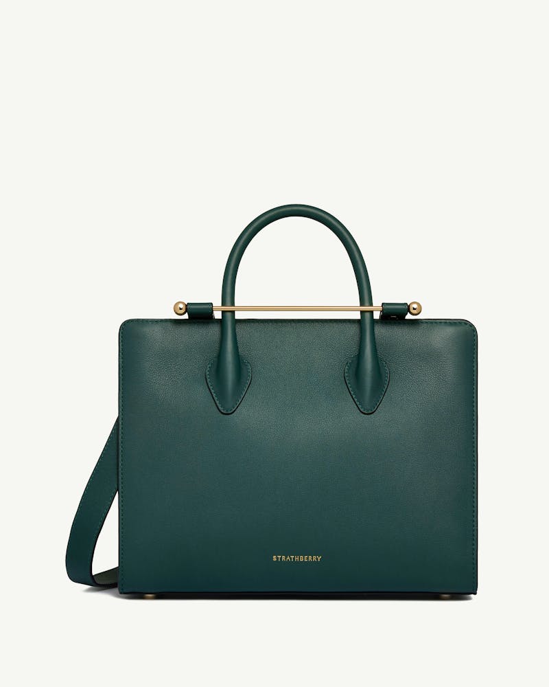 Strathberry bottle green midi tote front with top handles and gold bar