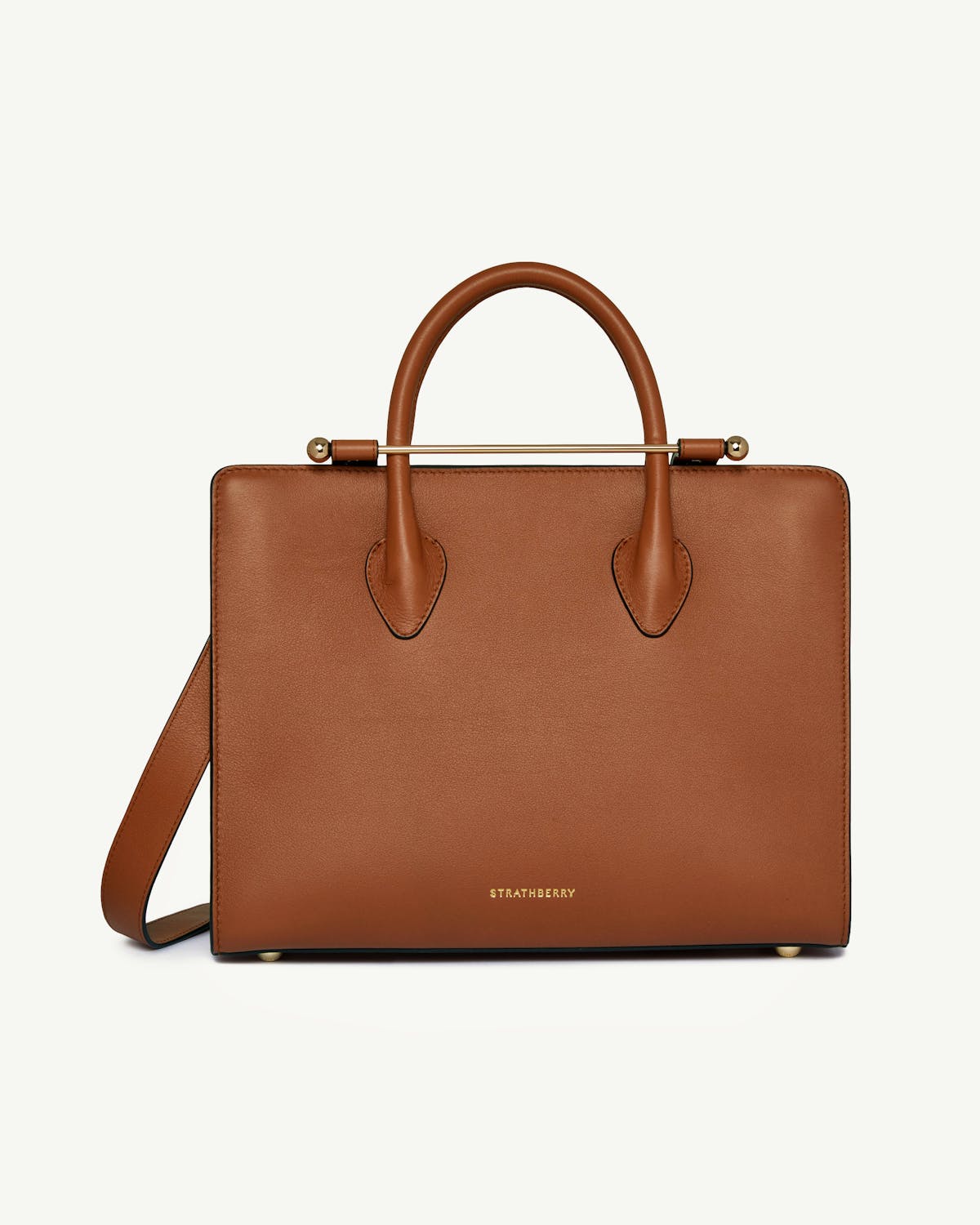 Chestnut Strathberry midi tote with top handles, long strap and gold bar