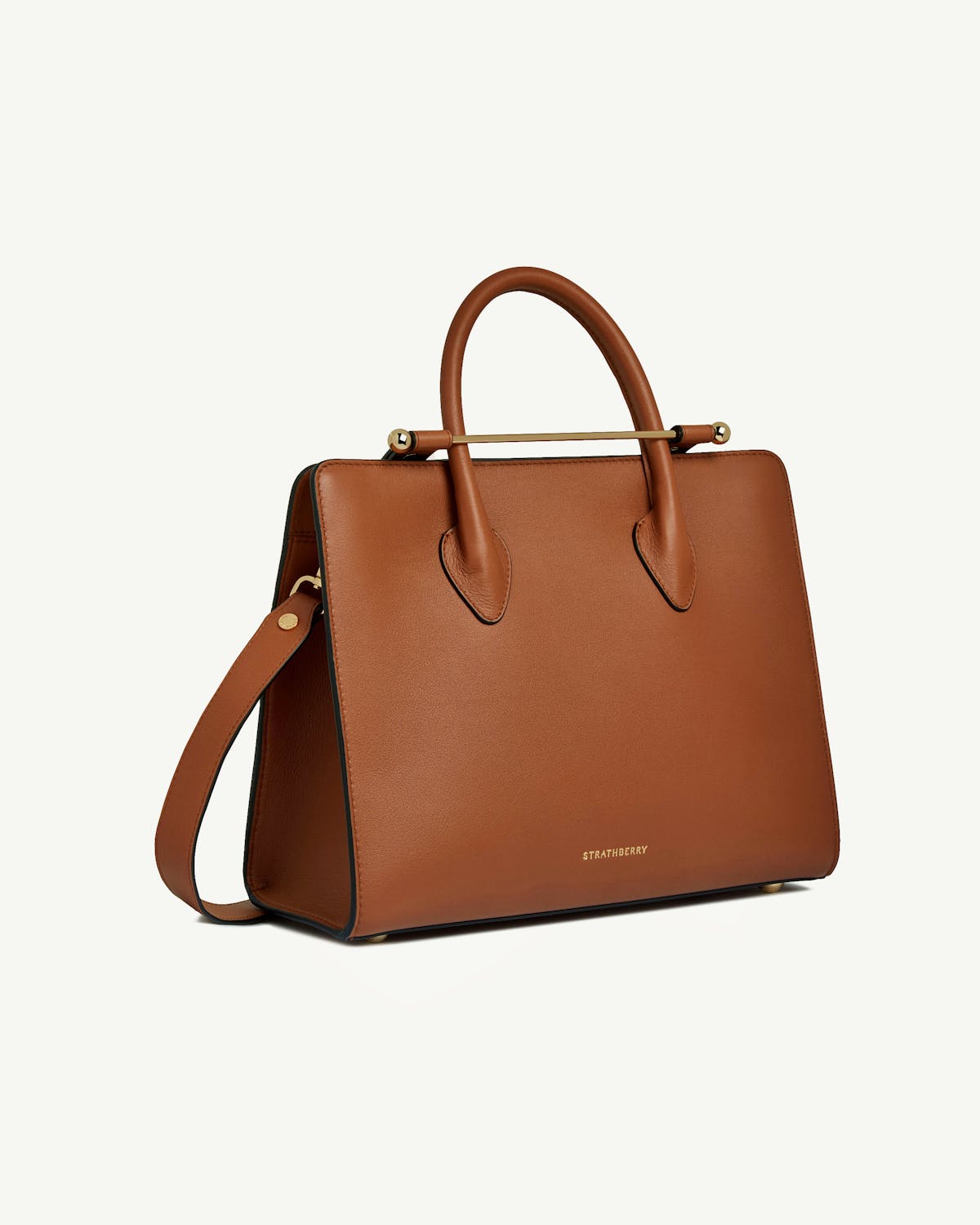Chestnut Strathberry midi tote with top handles and removable shoulder strap.