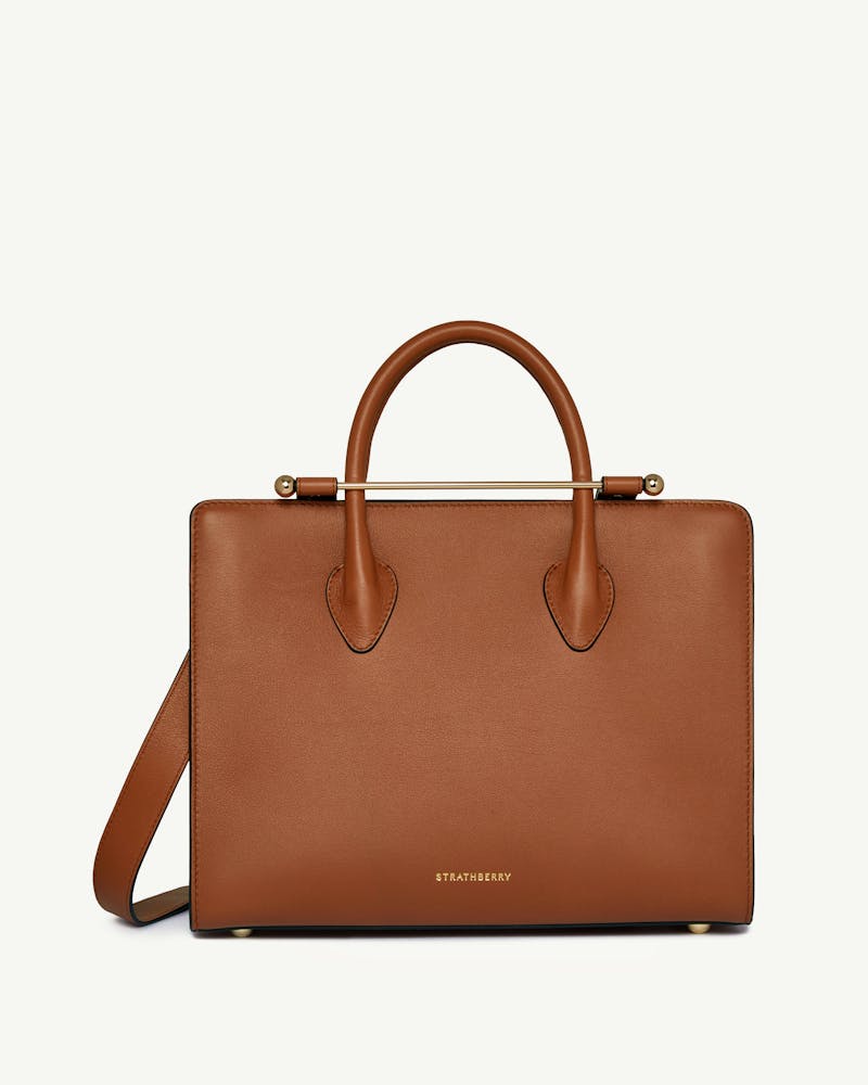 Strathberry chestnut midi tote with top handles and gold bar detail