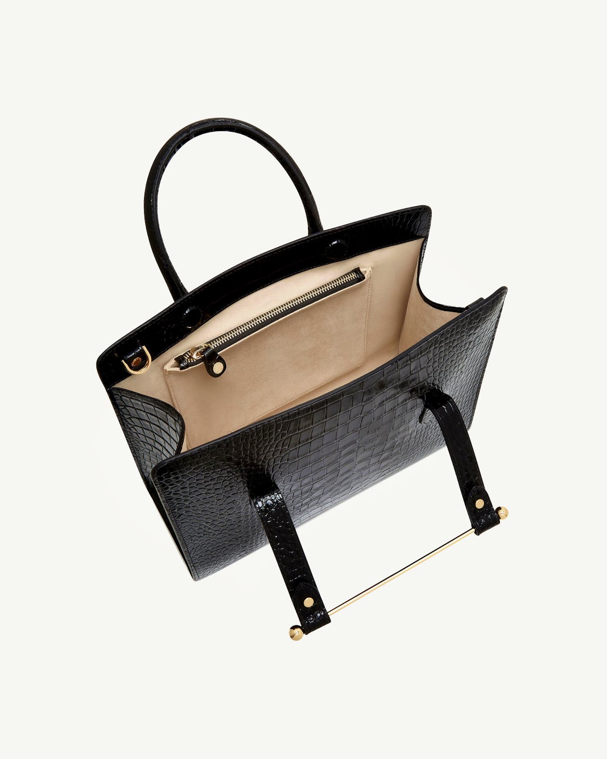 Black croc midi tote with beige interior, internal zip pocket and gold hardware.