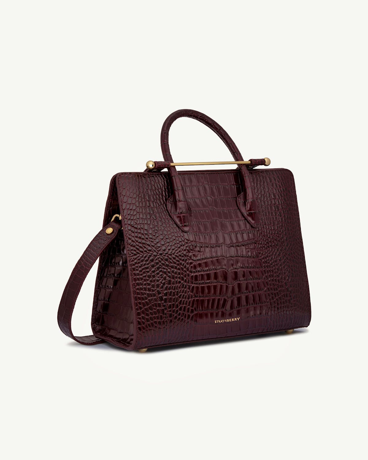 Strathberry croc-embossed midi tote with top handles and shoulder strap