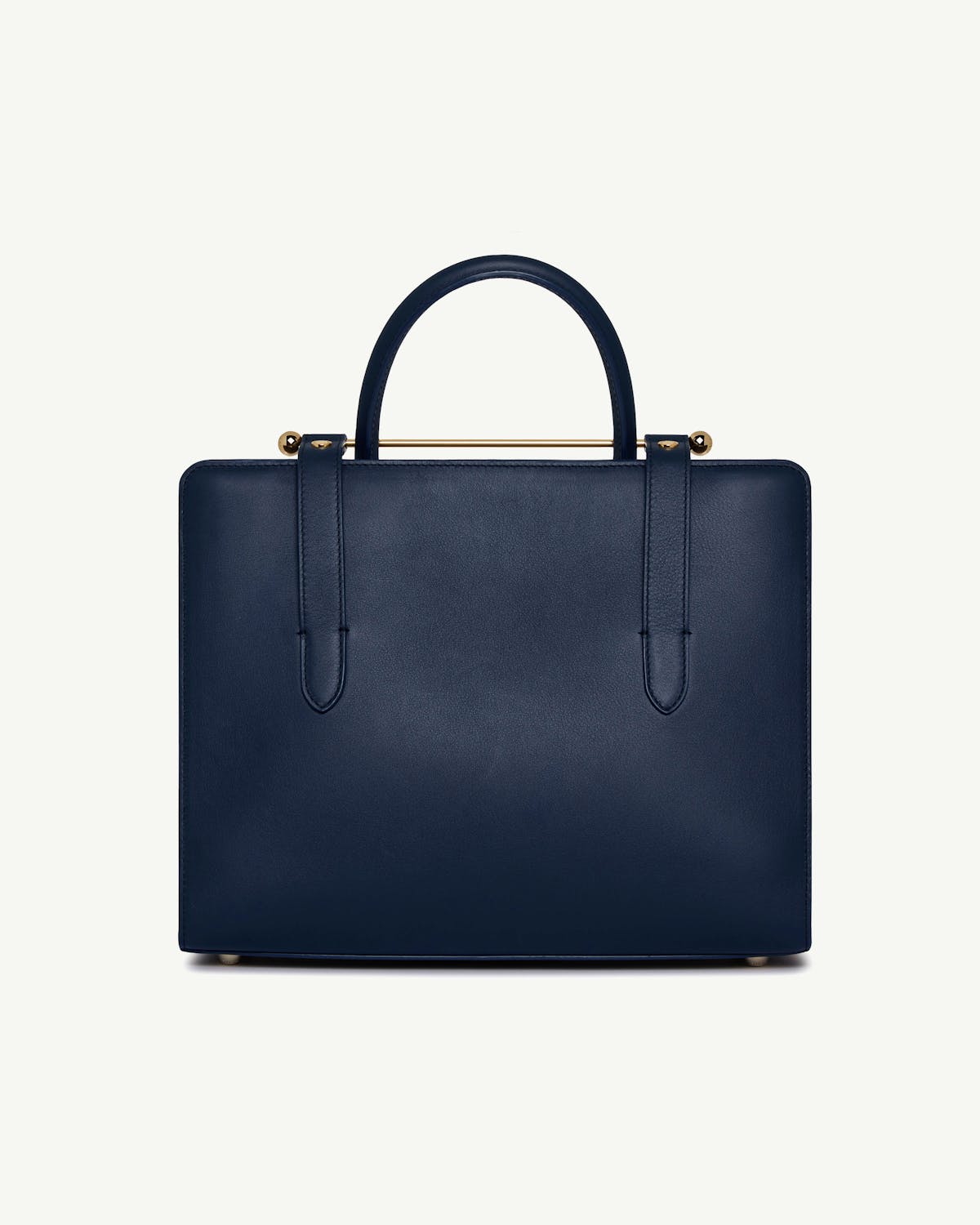 Marine blue midi tote with top handle and gold bar detail