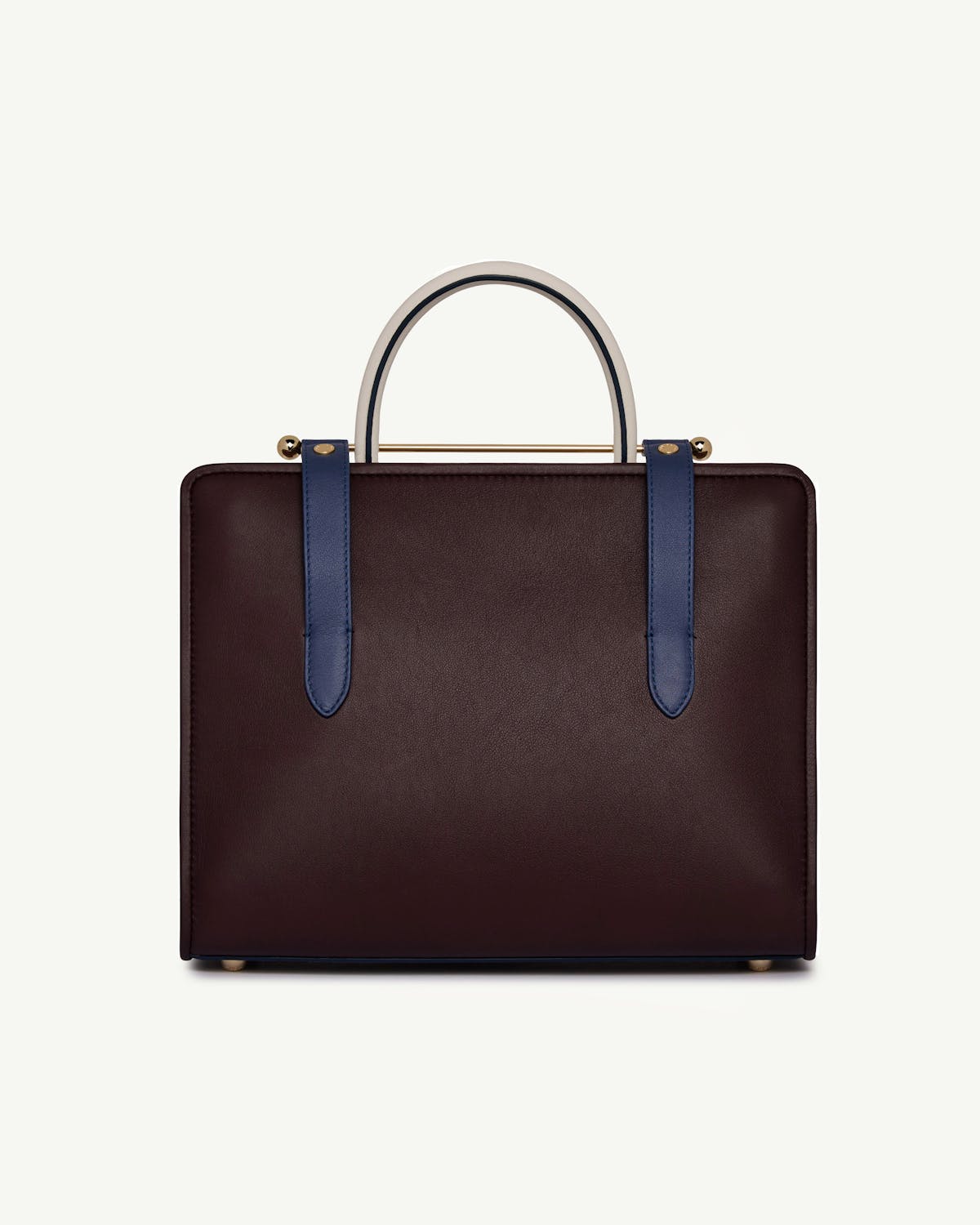 Midi tote in burgundy with navy straps and vanilla top handle