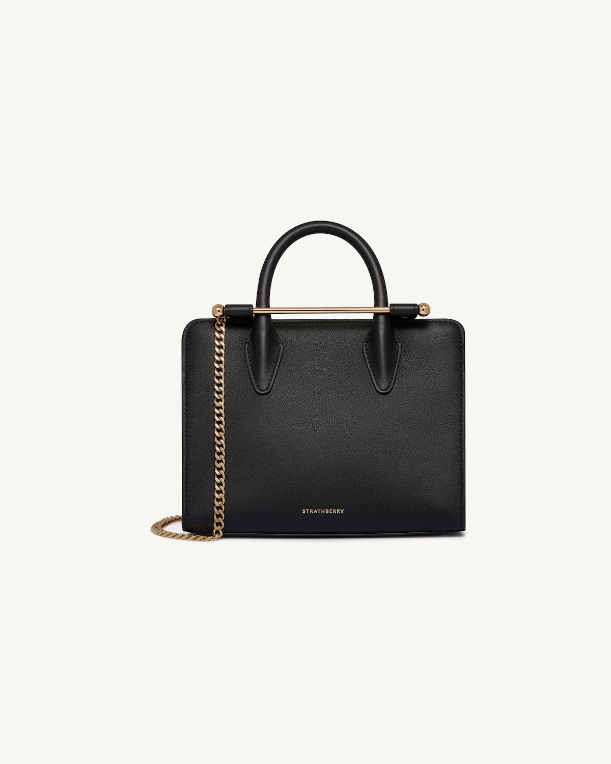 Black Strathberry mini tote with top handles, gold bar and chain strap
