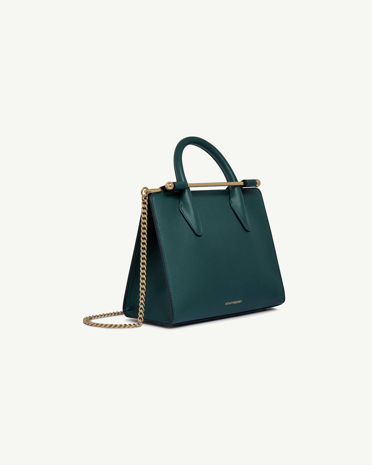 Strathberry bottle green mini tote with top handles, gold bar and chain