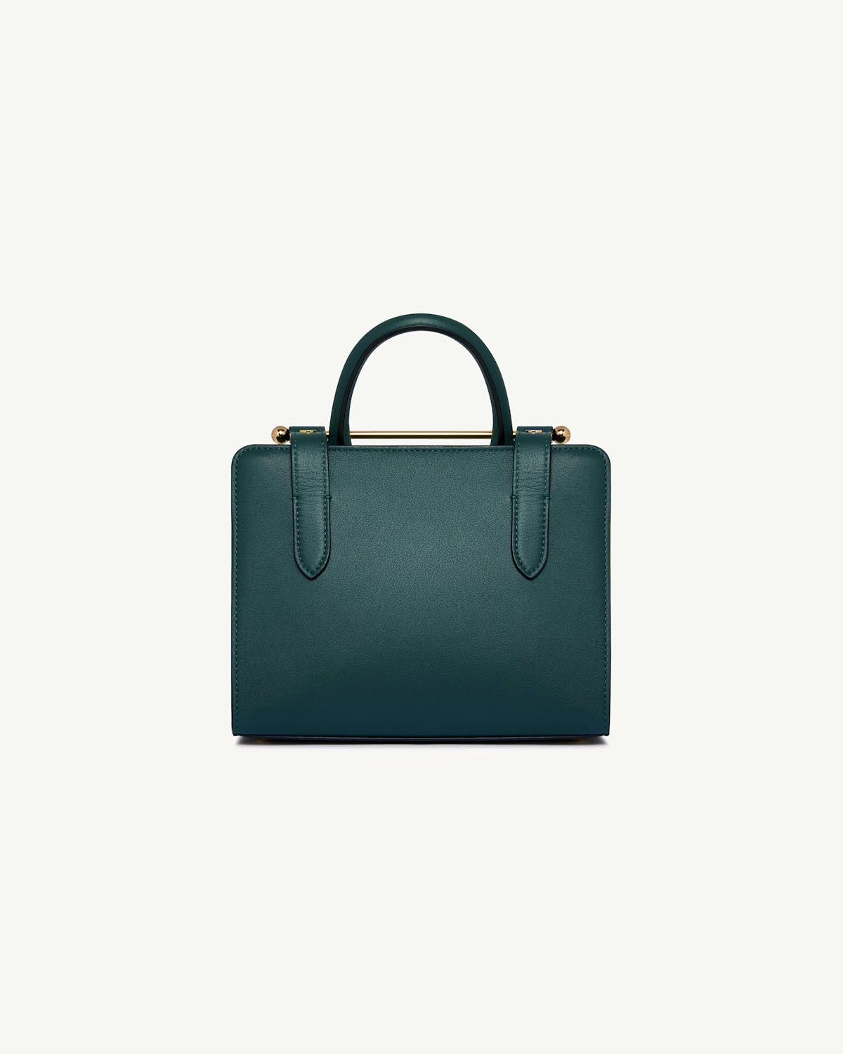 Bottle green mini tote bag with top handles and gold bar detail.