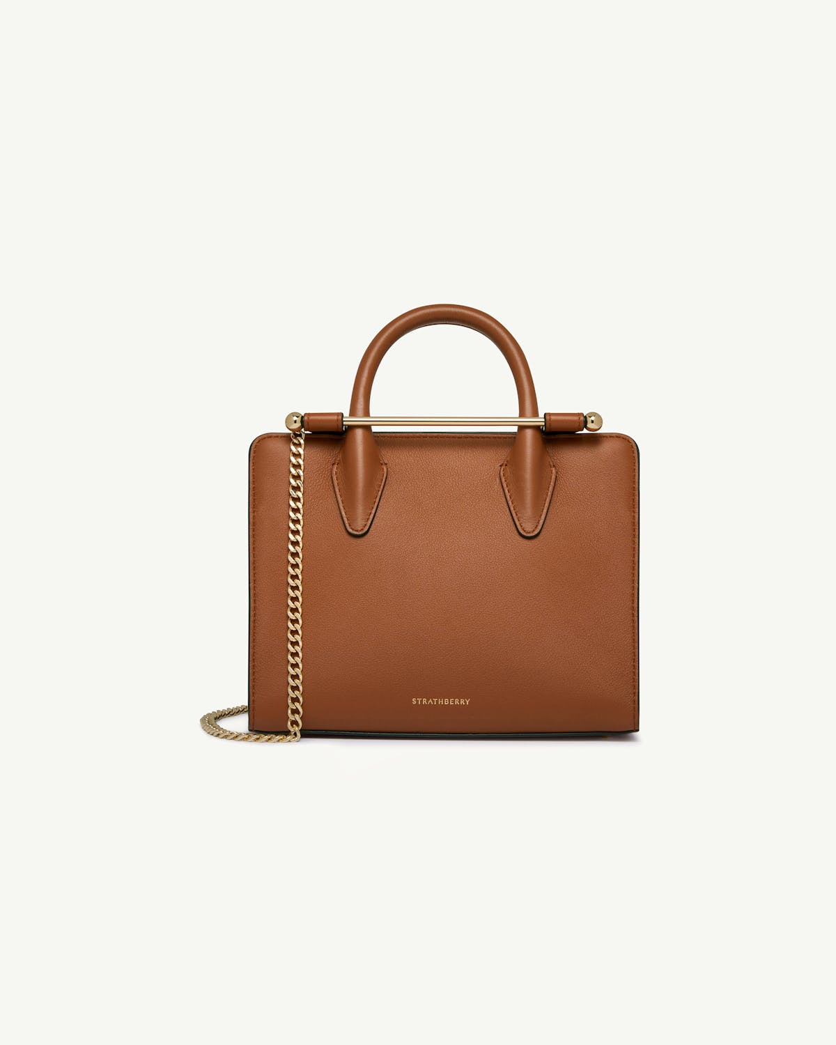 Chestnut Strathberry mini tote with top handle and gold chain