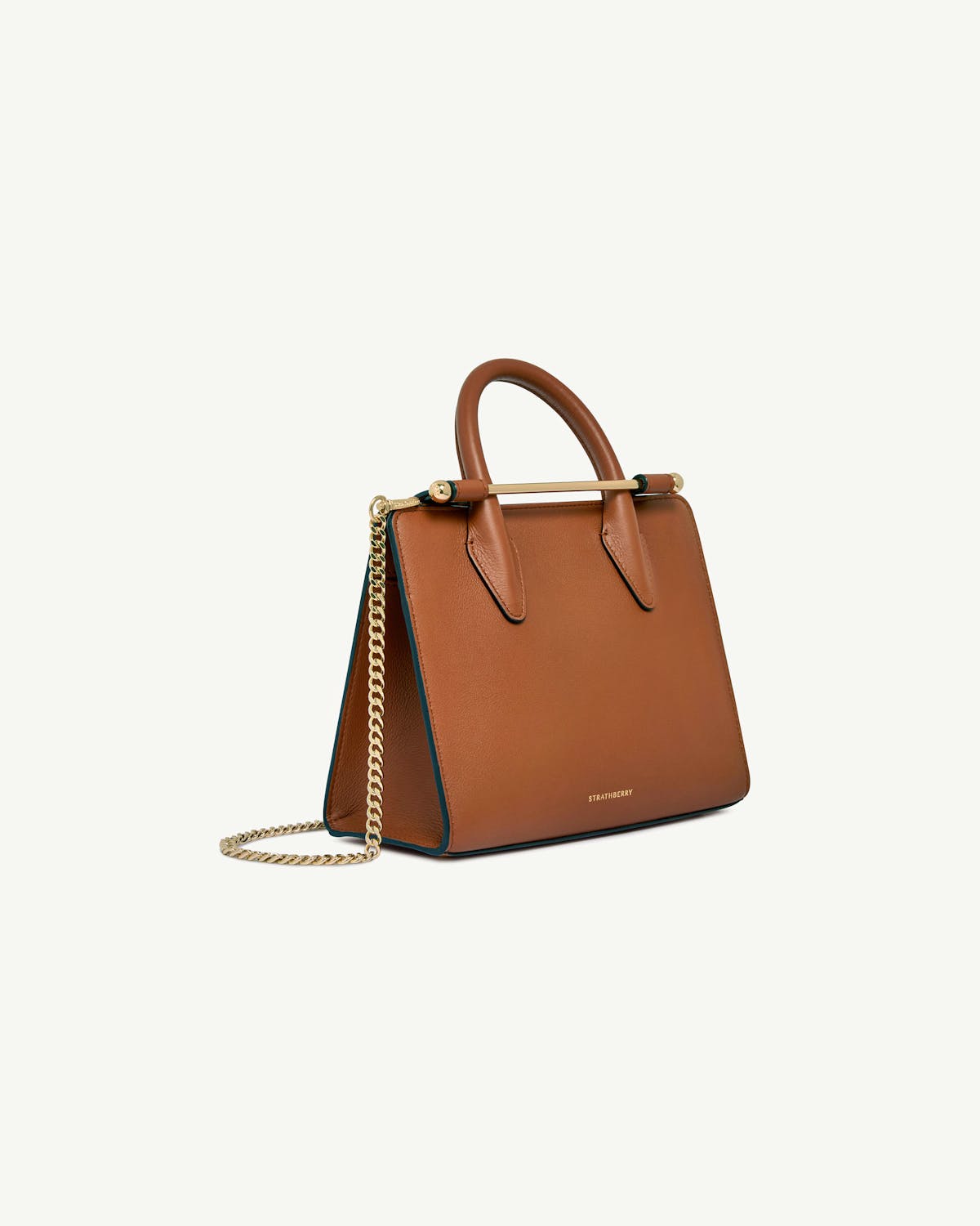 Strathberry chestnut mini tote with top handles and gold chain strap